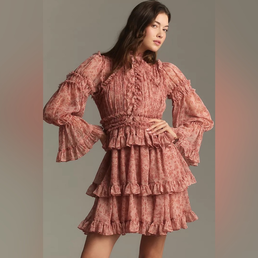 MAC DUGGAL Long-Sleeve Mock-Neck Ruffled Chiffon Mini Dress Anthropologie